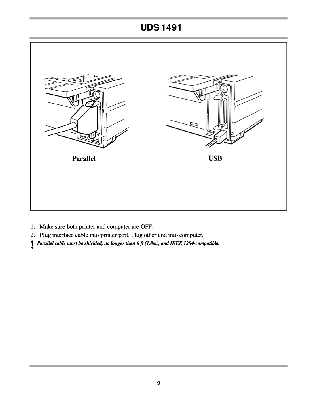 Unisys UDS 1491 setup guide Parallel, Make sure both printer and computer are OFF 
