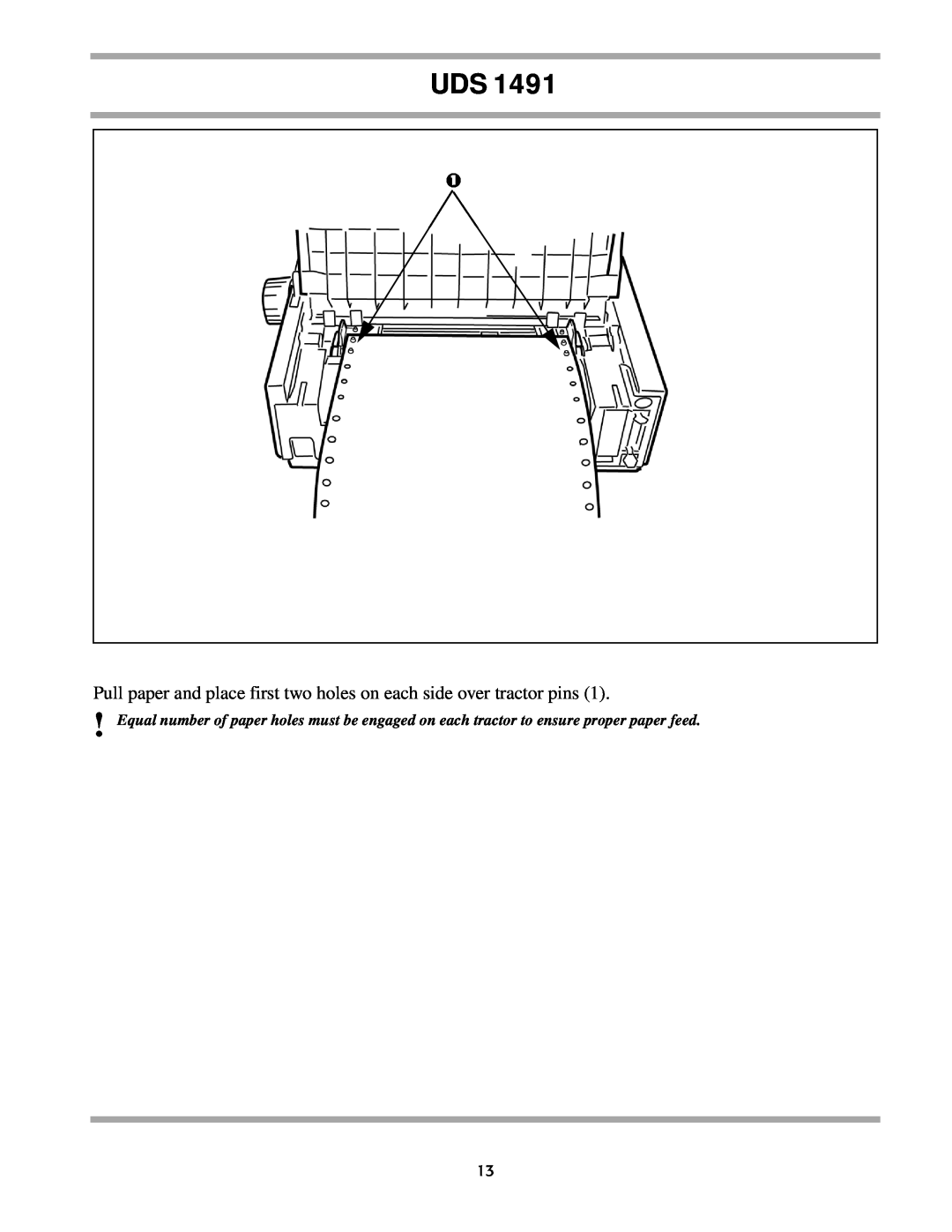 Unisys UDS 1491 setup guide Pull paper and place first two holes on each side over tractor pins 