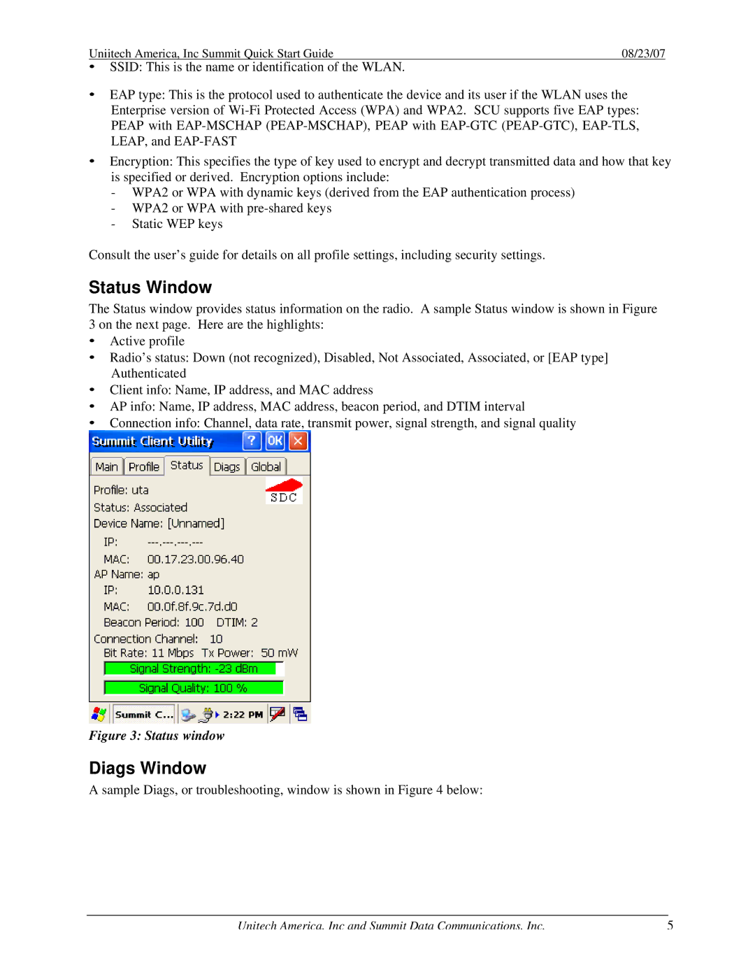 Unitech 1.03 quick start Status Window, Diags Window, Sample Diags, or troubleshooting, window is shown in below 