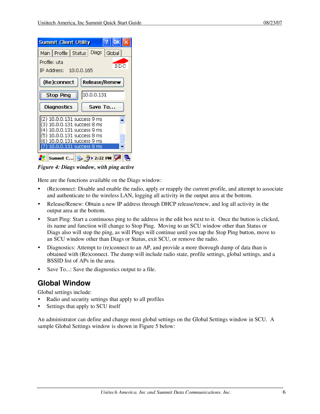 Unitech 1.03 quick start Global Window, Diags window, with ping active 