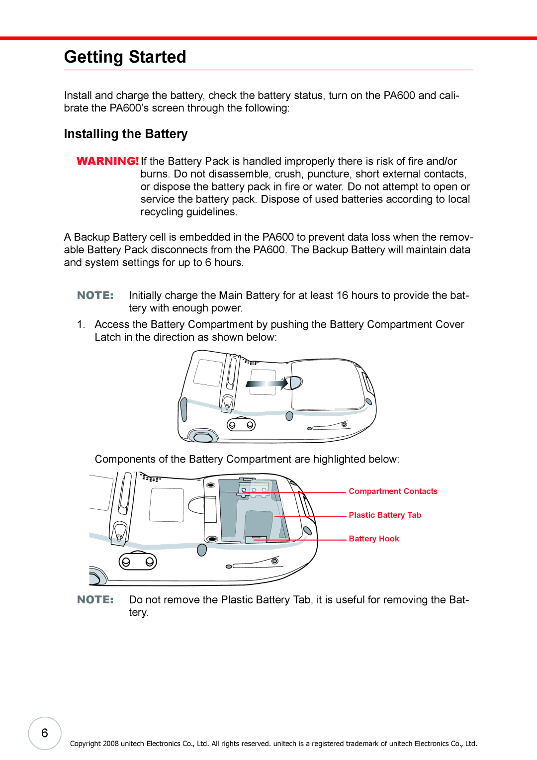 Unitech 38647G user manual Getting Started, Installing the Battery 