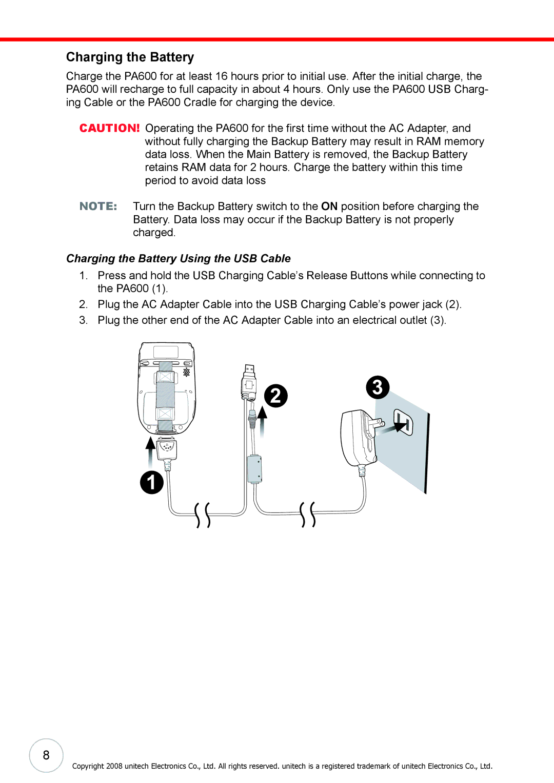 Unitech 38647G user manual Charging the Battery Using the USB Cable 