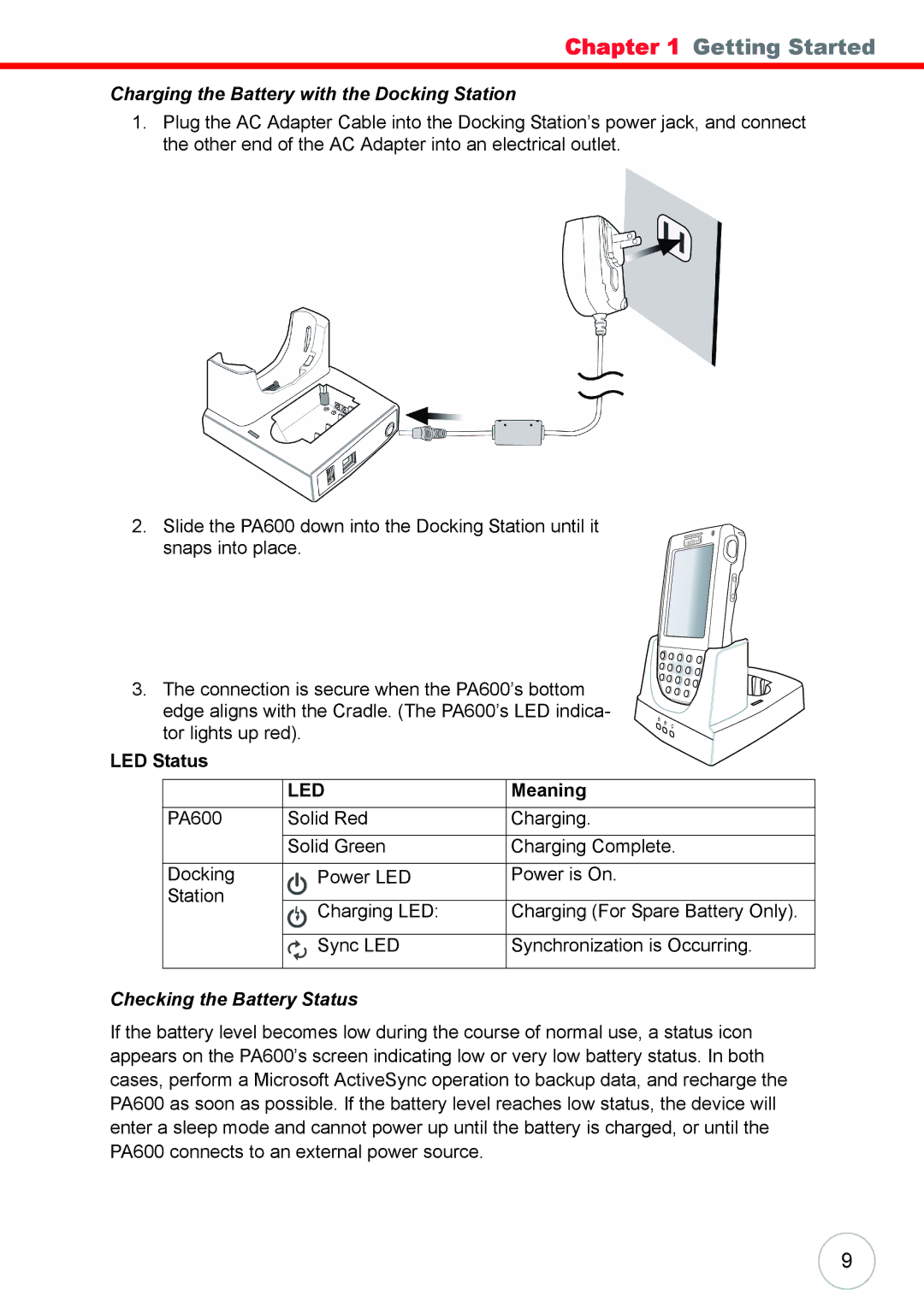 Unitech 38647G user manual Charging the Battery with the Docking Station, LED Status, Meaning, Checking the Battery Status 