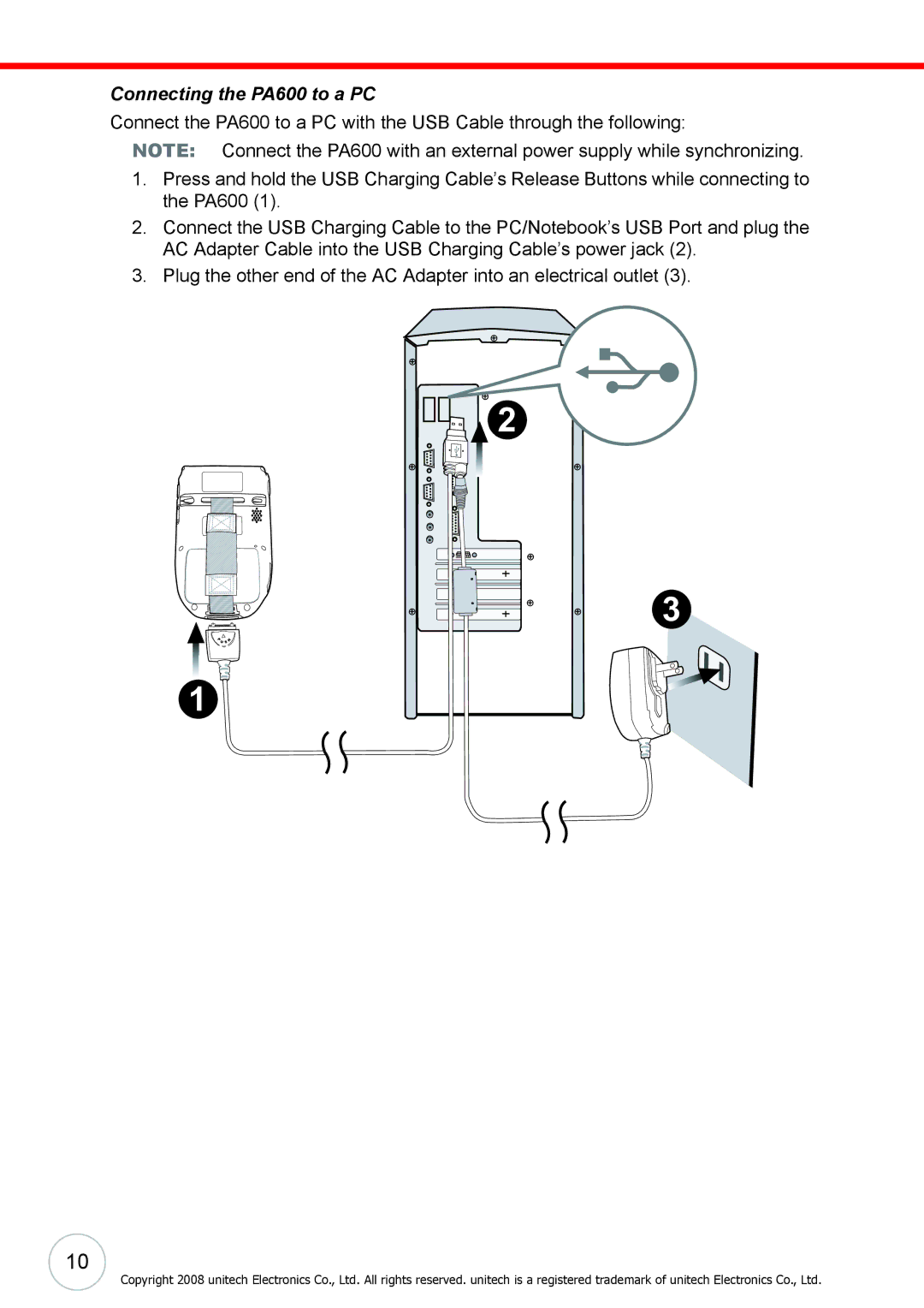 Unitech 38647G user manual Connecting the PA600 to a PC 