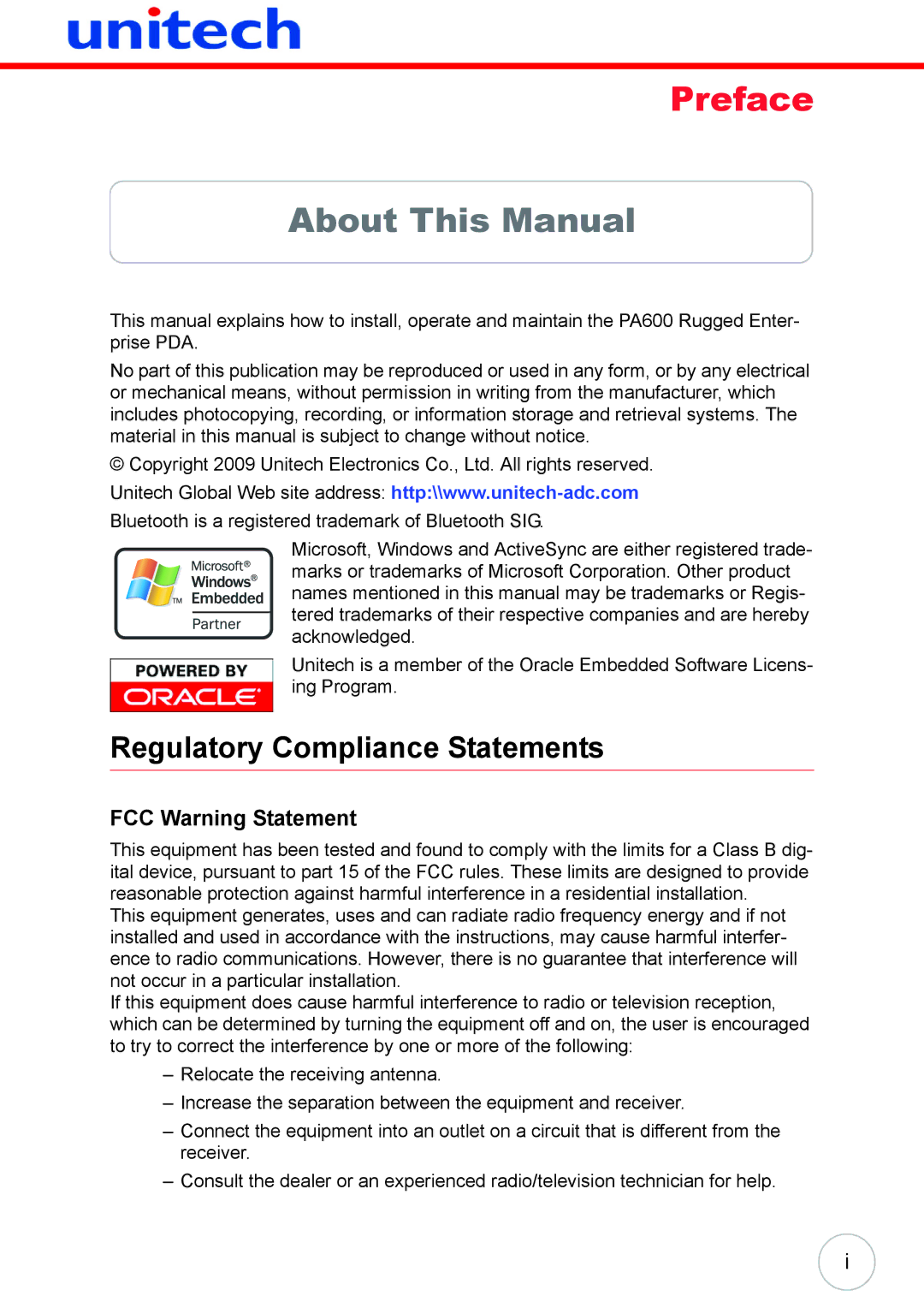 Unitech 38647G user manual About This Manual, Regulatory Compliance Statements, FCC Warning Statement 