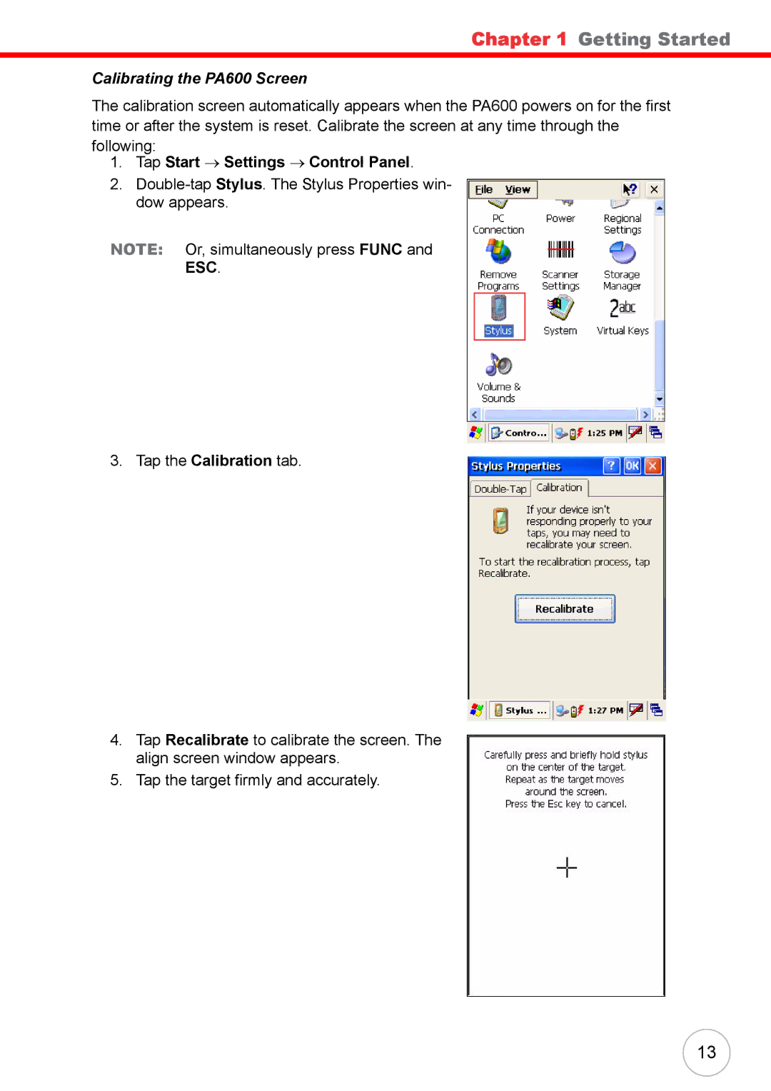 Unitech 38647G user manual Calibrating the PA600 Screen, Tap Start → Settings → Control Panel 