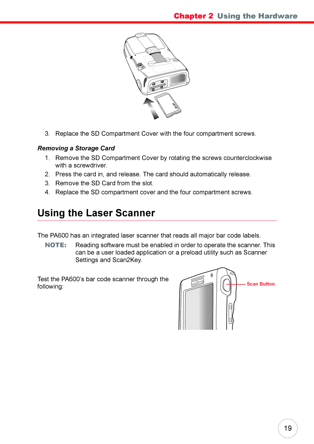 Unitech 38647G user manual Using the Laser Scanner, Removing a Storage Card 