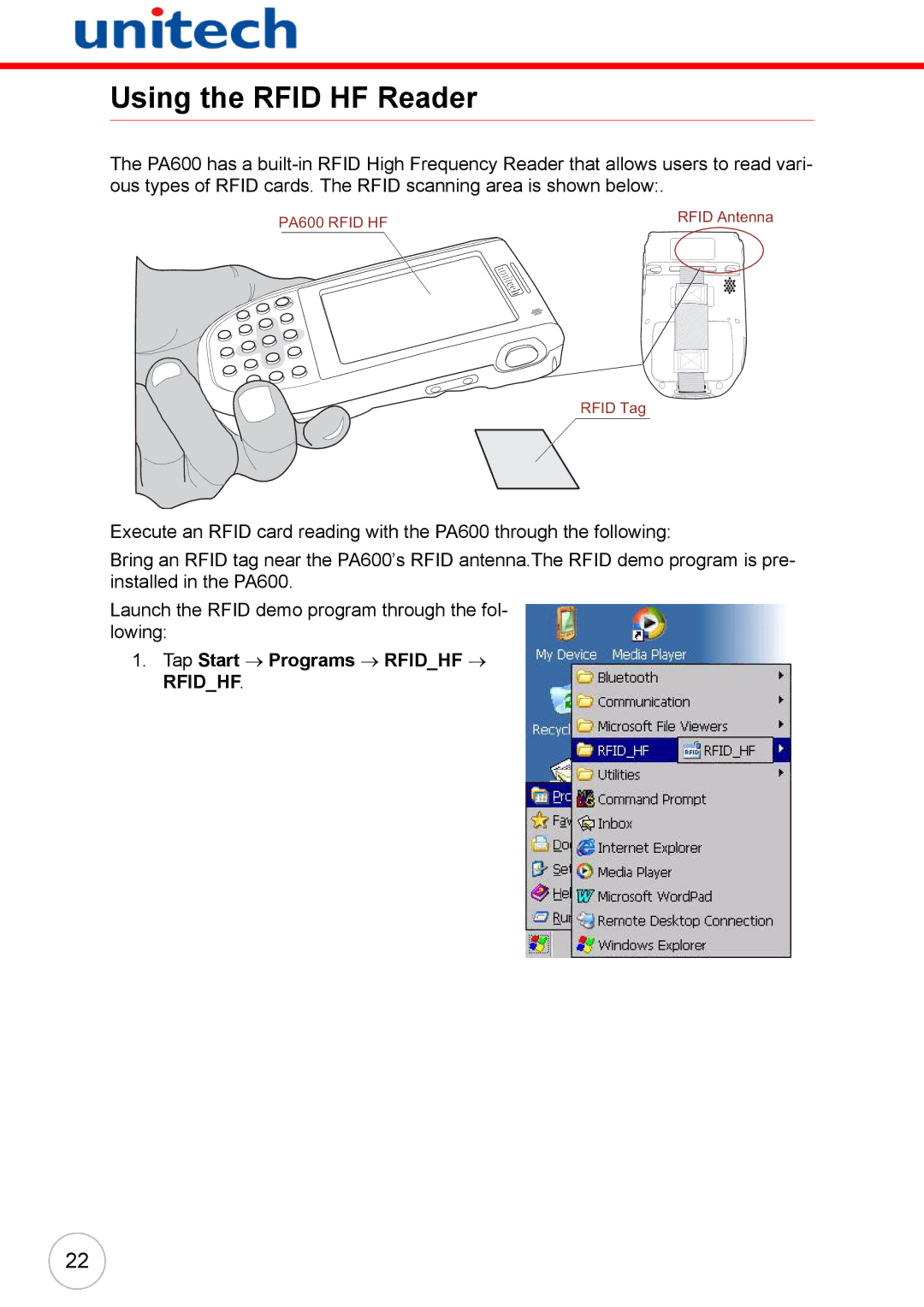 Unitech 38647G user manual Using the Rfid HF Reader, Tap Start → Programs → Rfidhf → Rfidhf 