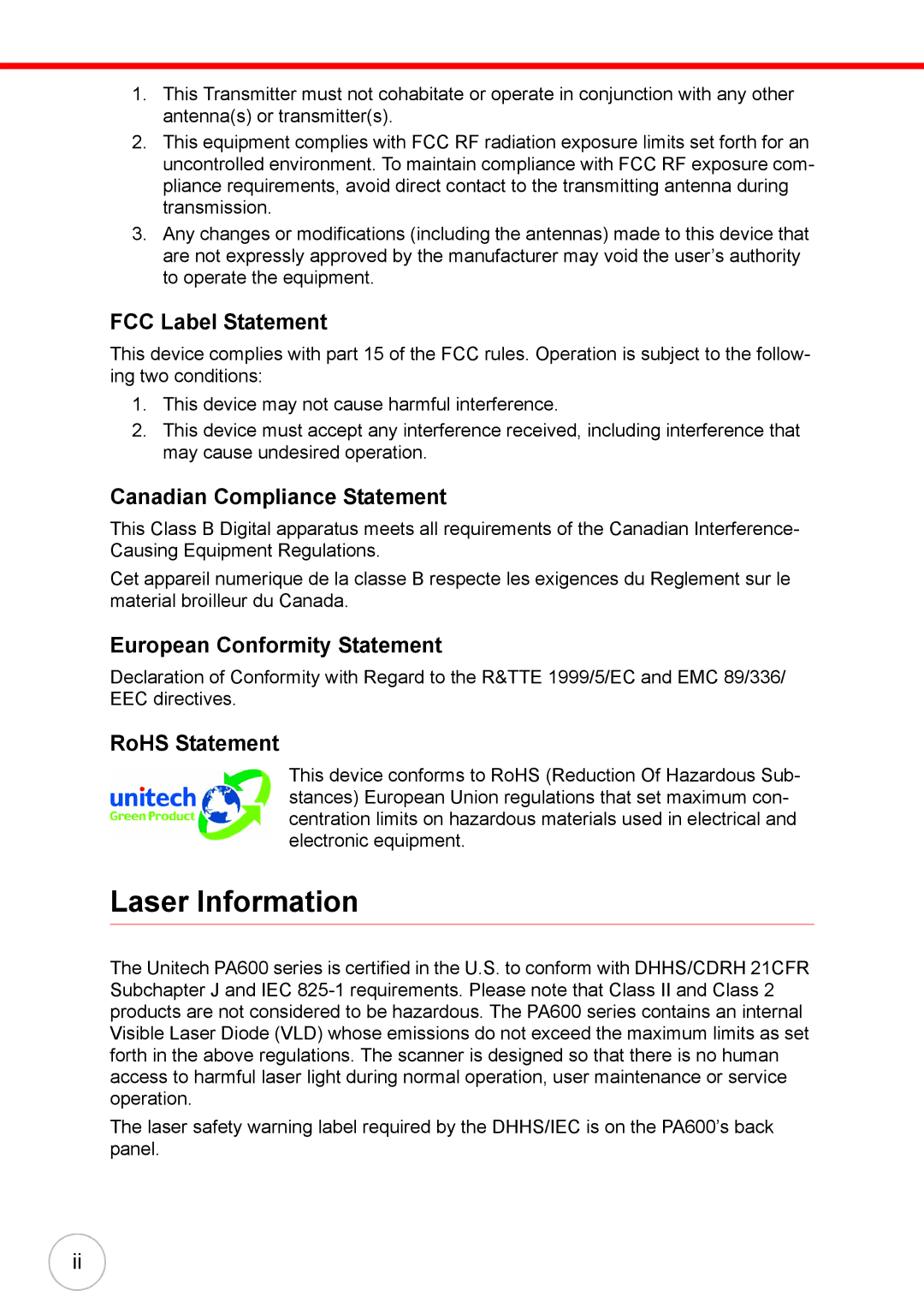 Unitech 38647G Laser Information, FCC Label Statement, Canadian Compliance Statement, European Conformity Statement 