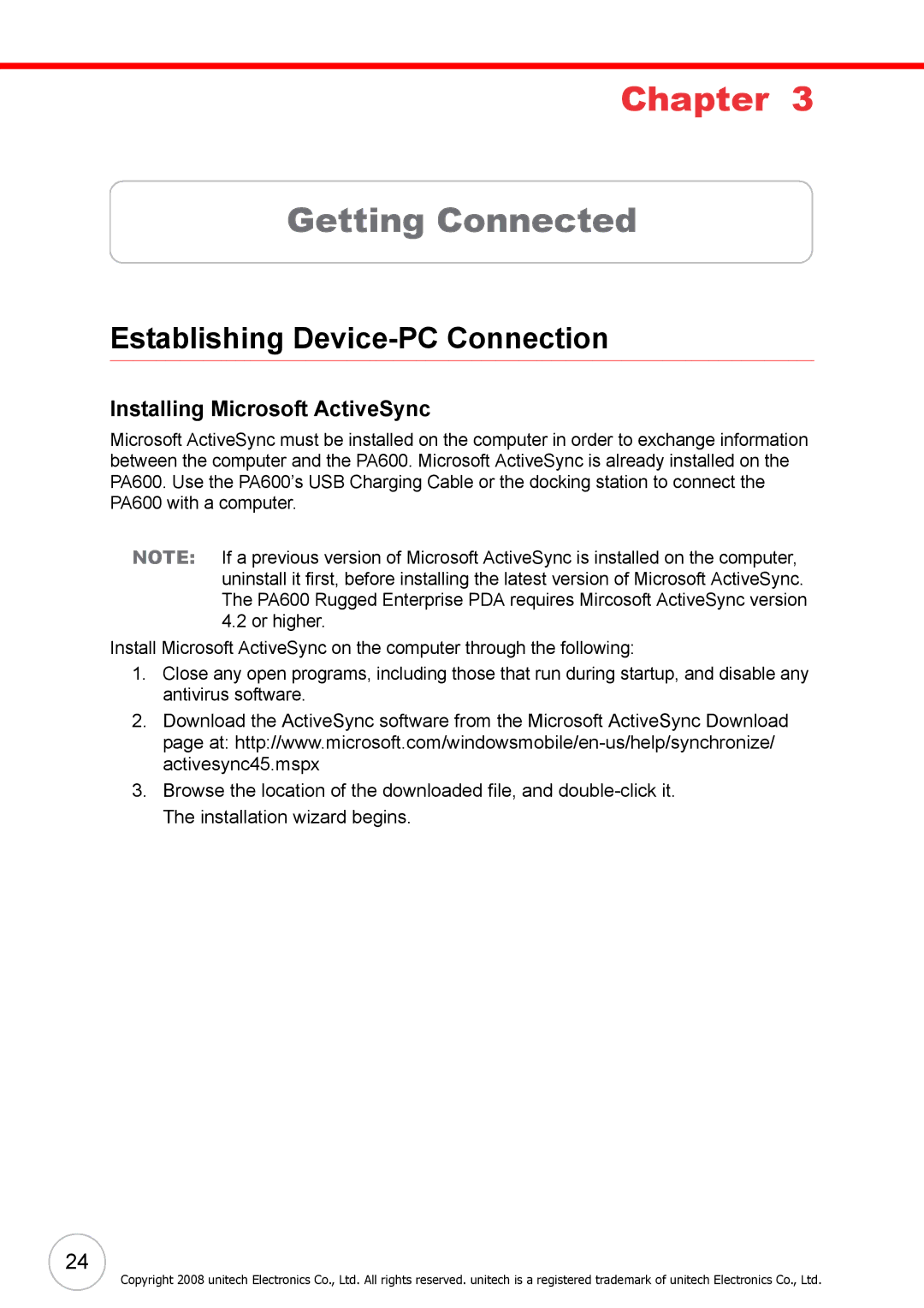 Unitech 38647G user manual Getting Connected, Establishing Device-PC Connection, Installing Microsoft ActiveSync 