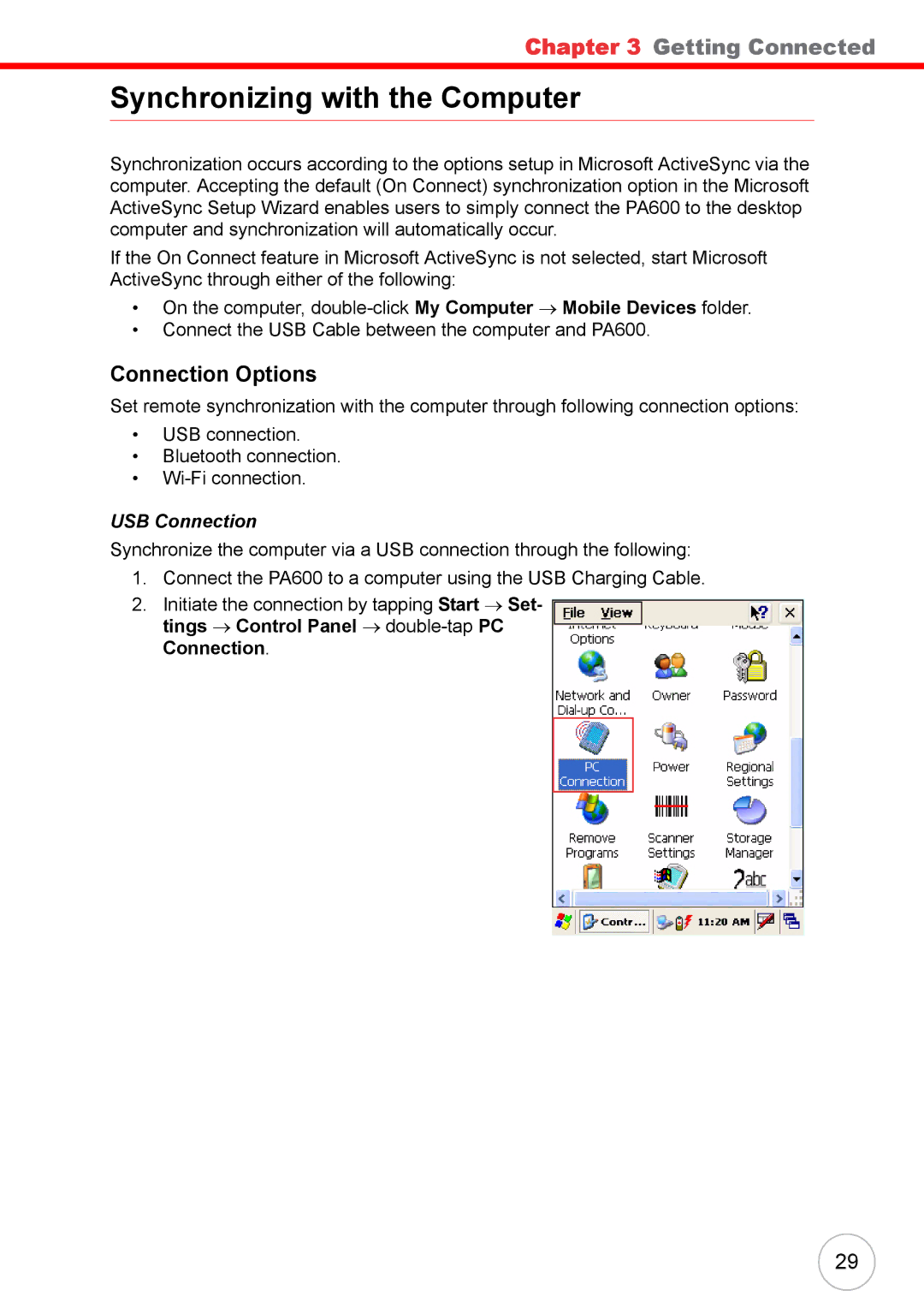 Unitech 38647G user manual Synchronizing with the Computer, Connection Options, USB Connection 