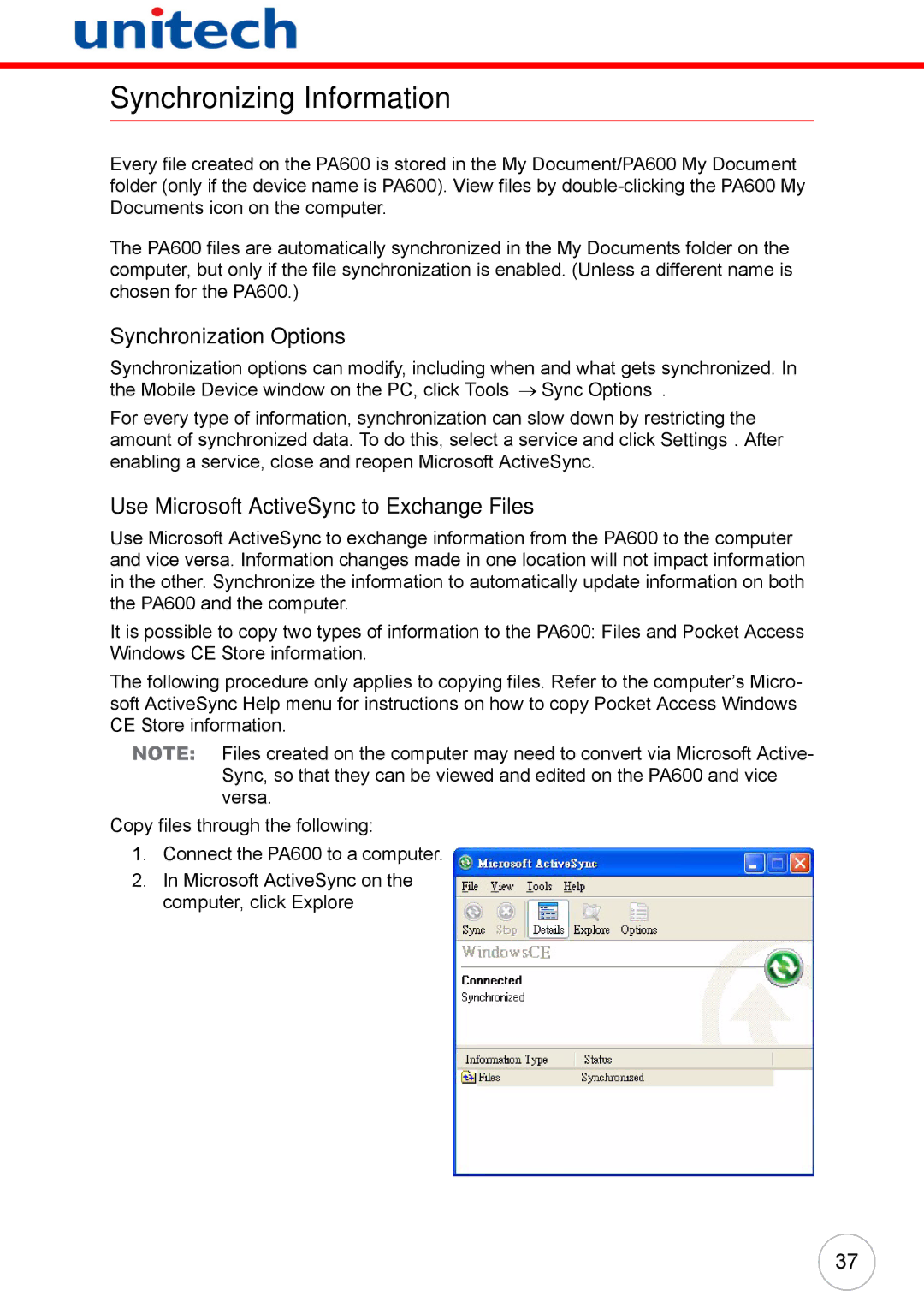 Unitech 38647G user manual Synchronizing Information, Synchronization Options, Use Microsoft ActiveSync to Exchange Files 