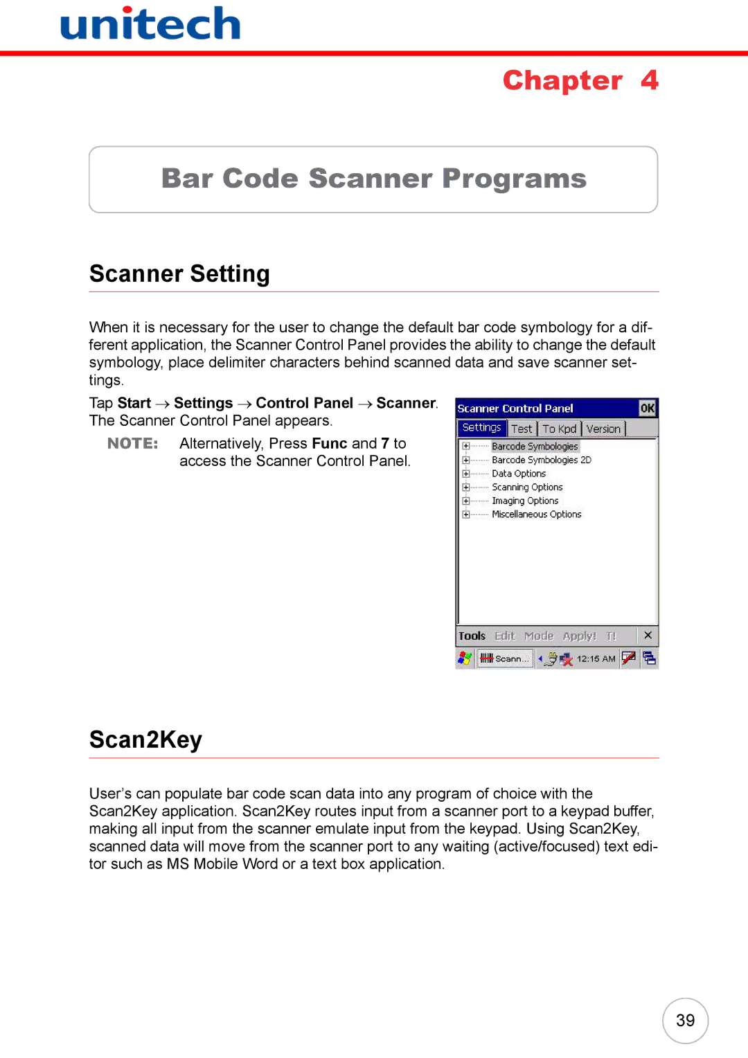 Unitech 38647G user manual Bar Code Scanner Programs, Scanner Setting, Scan2Key 