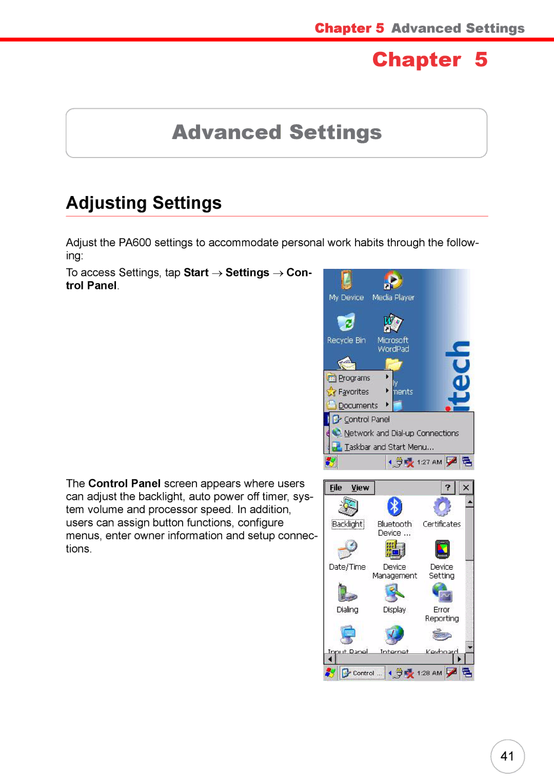 Unitech 38647G user manual Advanced Settings, Adjusting Settings 