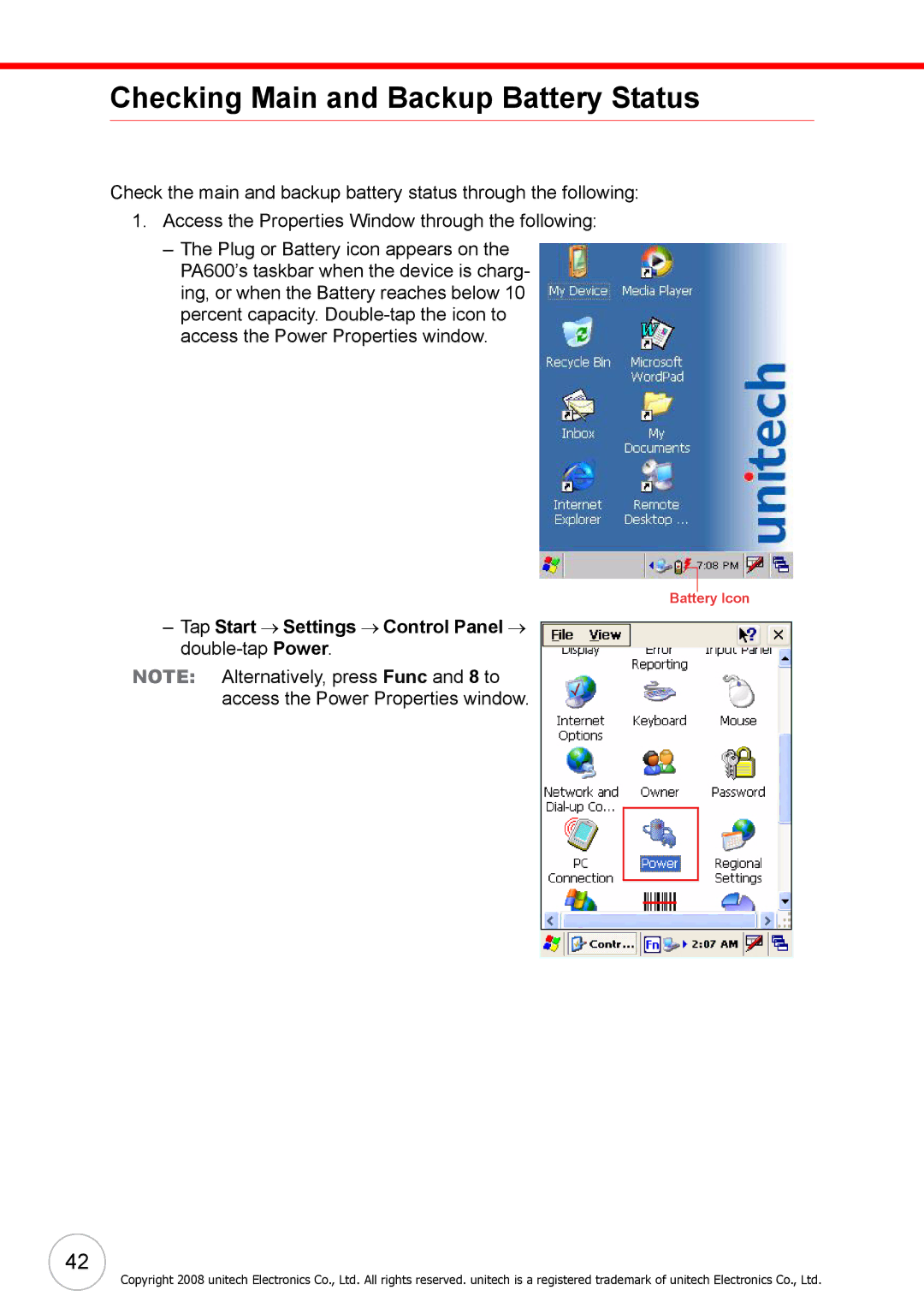 Unitech 38647G user manual Checking Main and Backup Battery Status, Tap Start → Settings → Control Panel → double-tapPower 