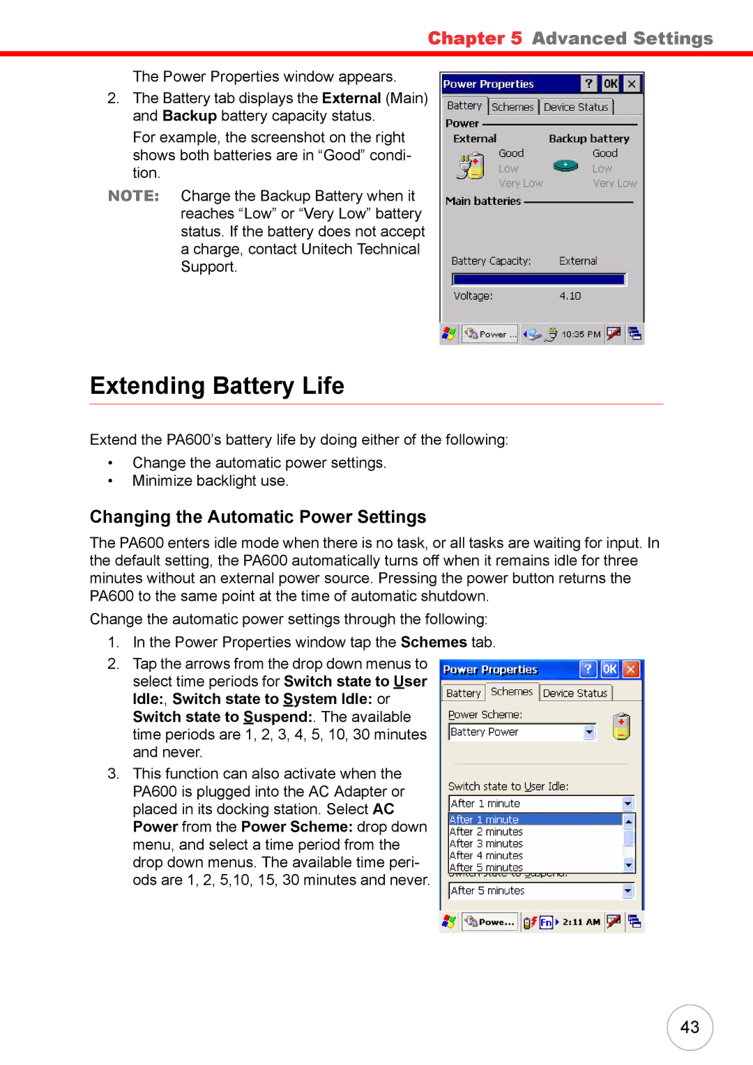 Unitech 38647G user manual Extending Battery Life, Changing the Automatic Power Settings 