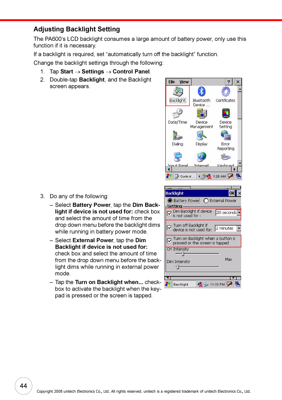 Unitech 38647G user manual Adjusting Backlight Setting, Tap Start → Settings → Control Panel 