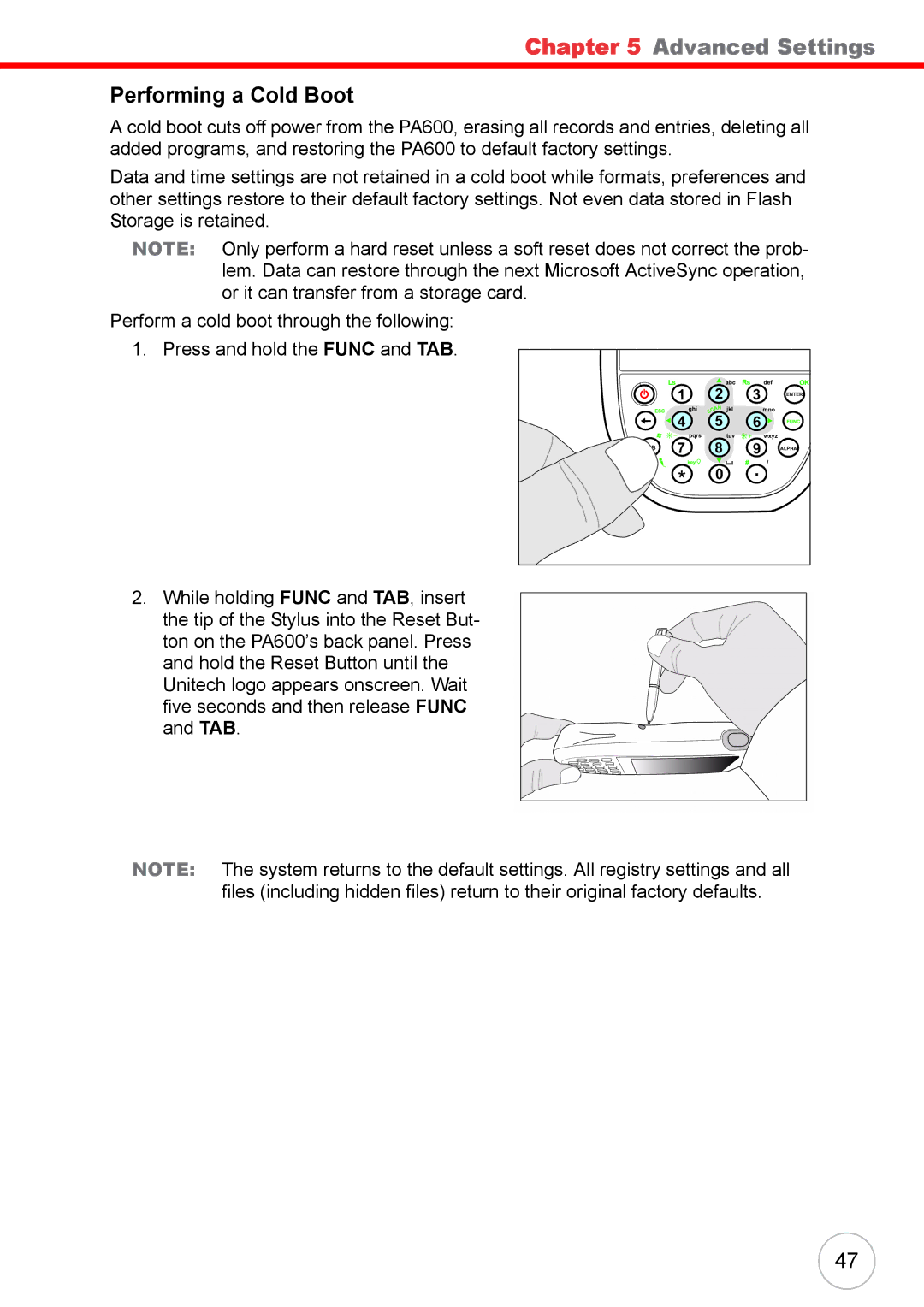 Unitech 38647G user manual Performing a Cold Boot 