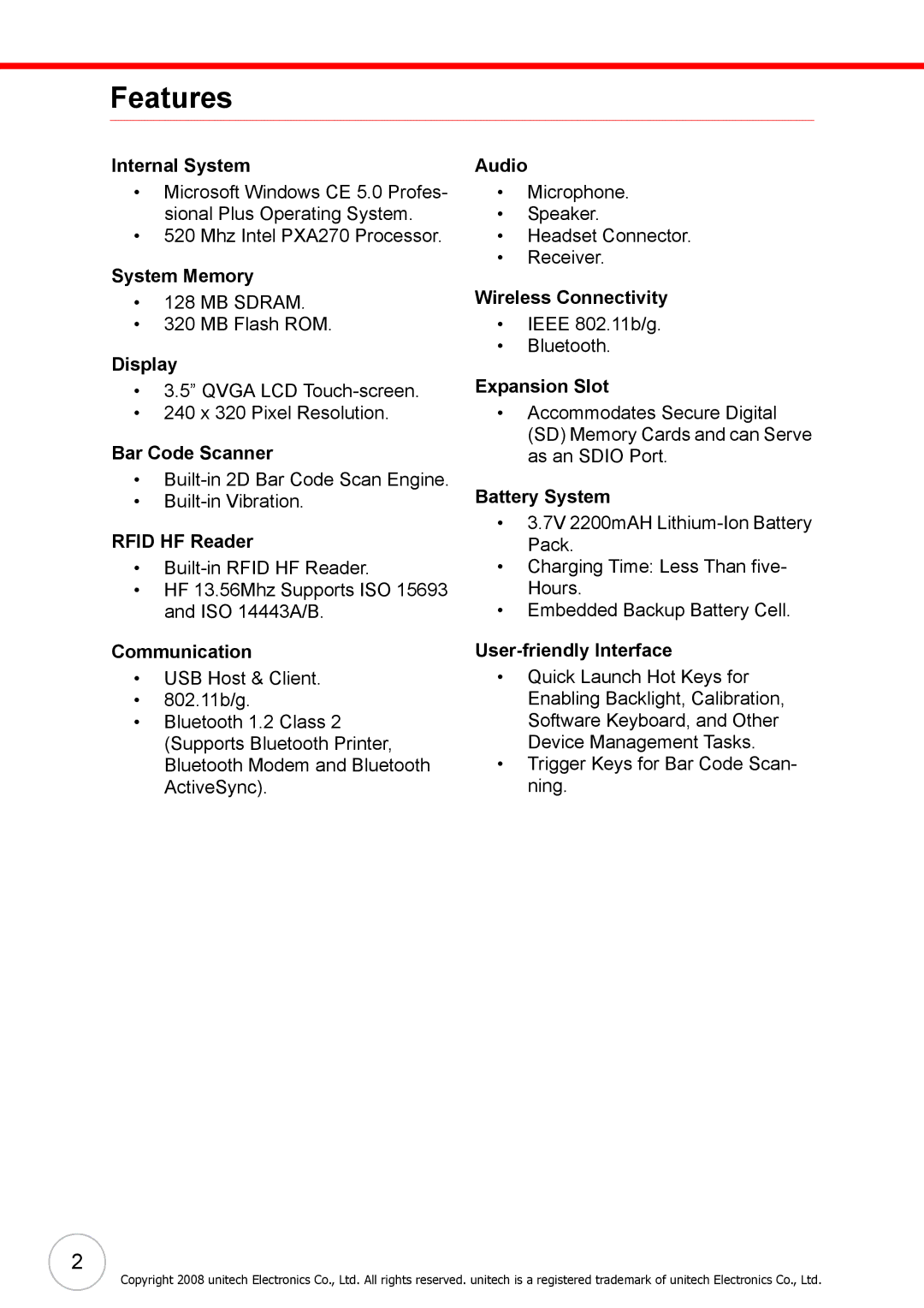 Unitech 38647G user manual Features 