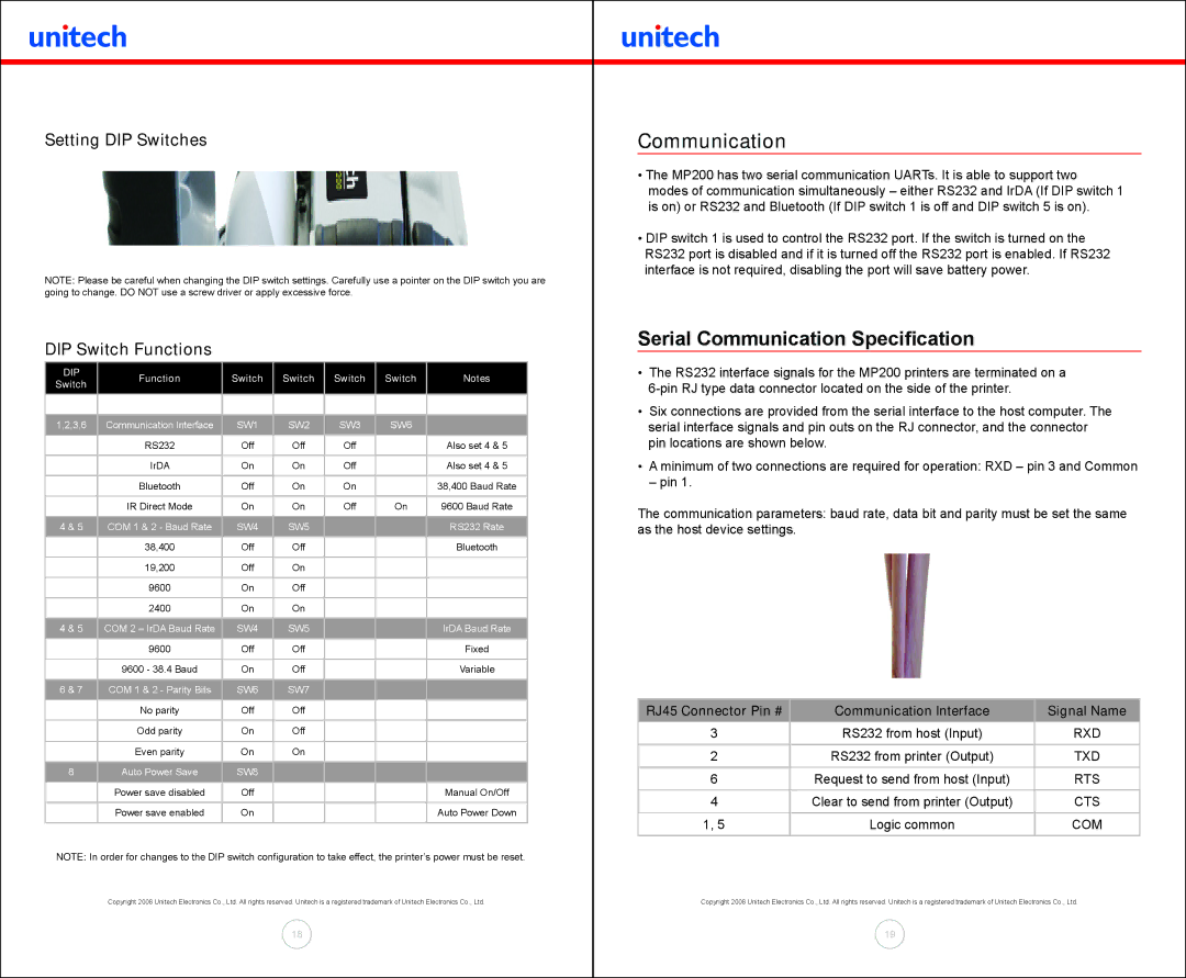 Unitech MP200 Serial Communication Specification, Setting DIP Switches DIP Switch Functions, RJ45 Connector Pin # 