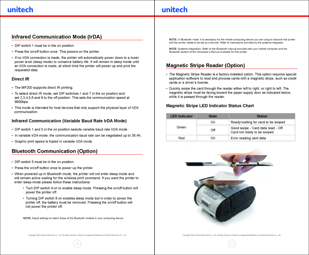 Unitech MP200 manual Infrared Communication Mode IrDA, Bluetooth Communication Option, Magnetic Stripe Reader Option 