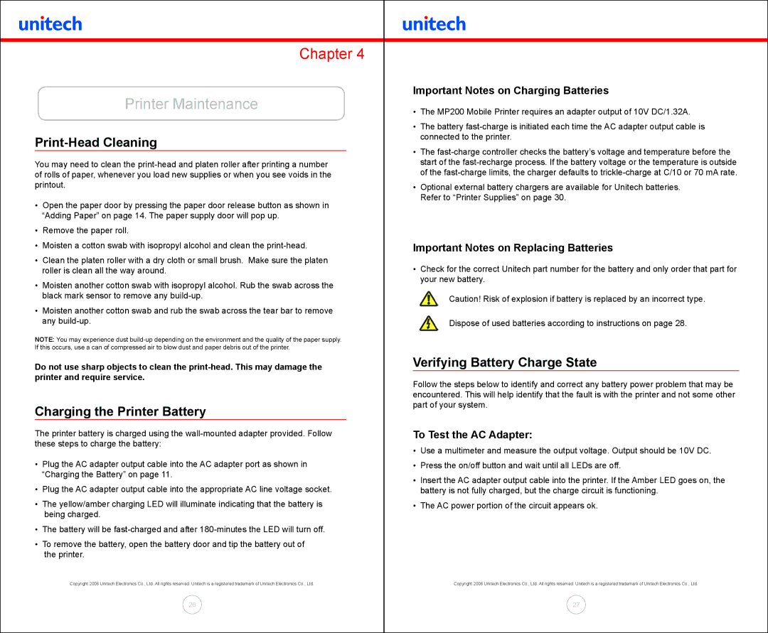 Unitech MP200 manual Printer Maintenance, Print-Head Cleaning, Charging the Printer Battery, Verifying Battery Charge State 