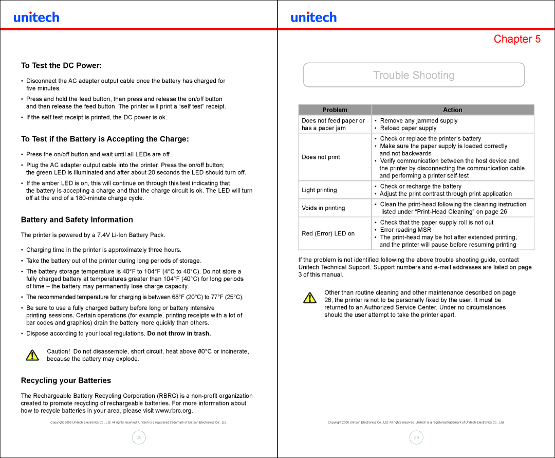 Unitech MP200 manual Trouble Shooting, To Test the DC Power, To Test if the Battery is Accepting the Charge 