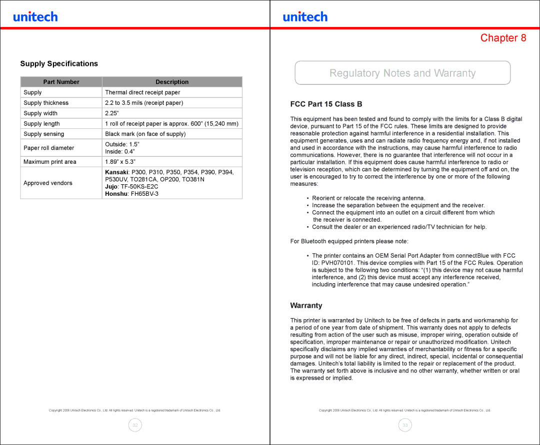 Unitech MP200 manual Regulatory Notes and Warranty, Supply Specifications, FCC Part 15 Class B 