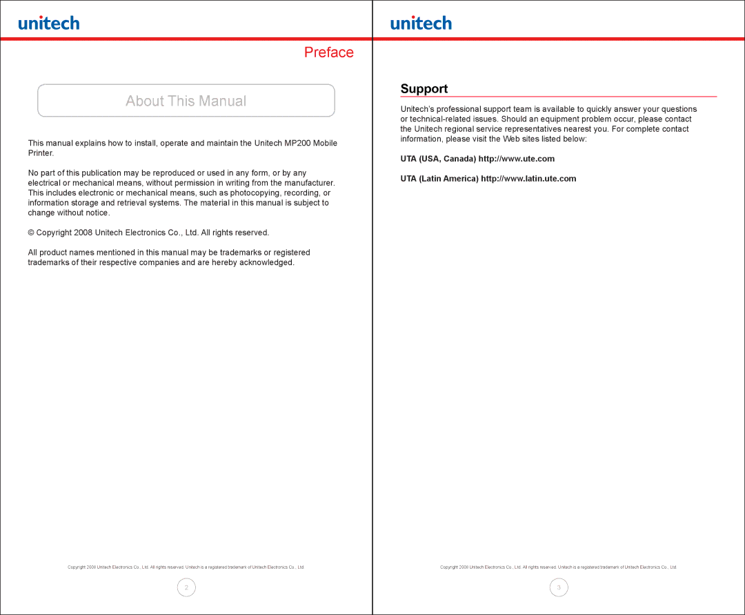 Unitech MP200 manual About This Manual, Support 