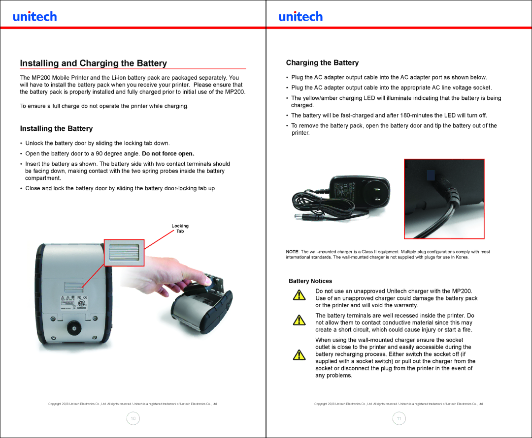 Unitech MP200 manual Installing and Charging the Battery, Installing the Battery, Battery Notices 