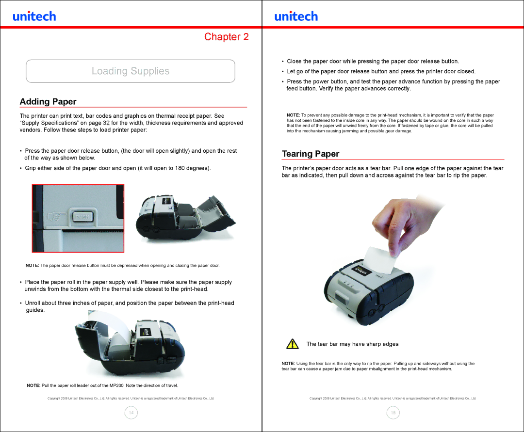 Unitech MP200 manual Loading Supplies, Adding Paper, Tearing Paper 