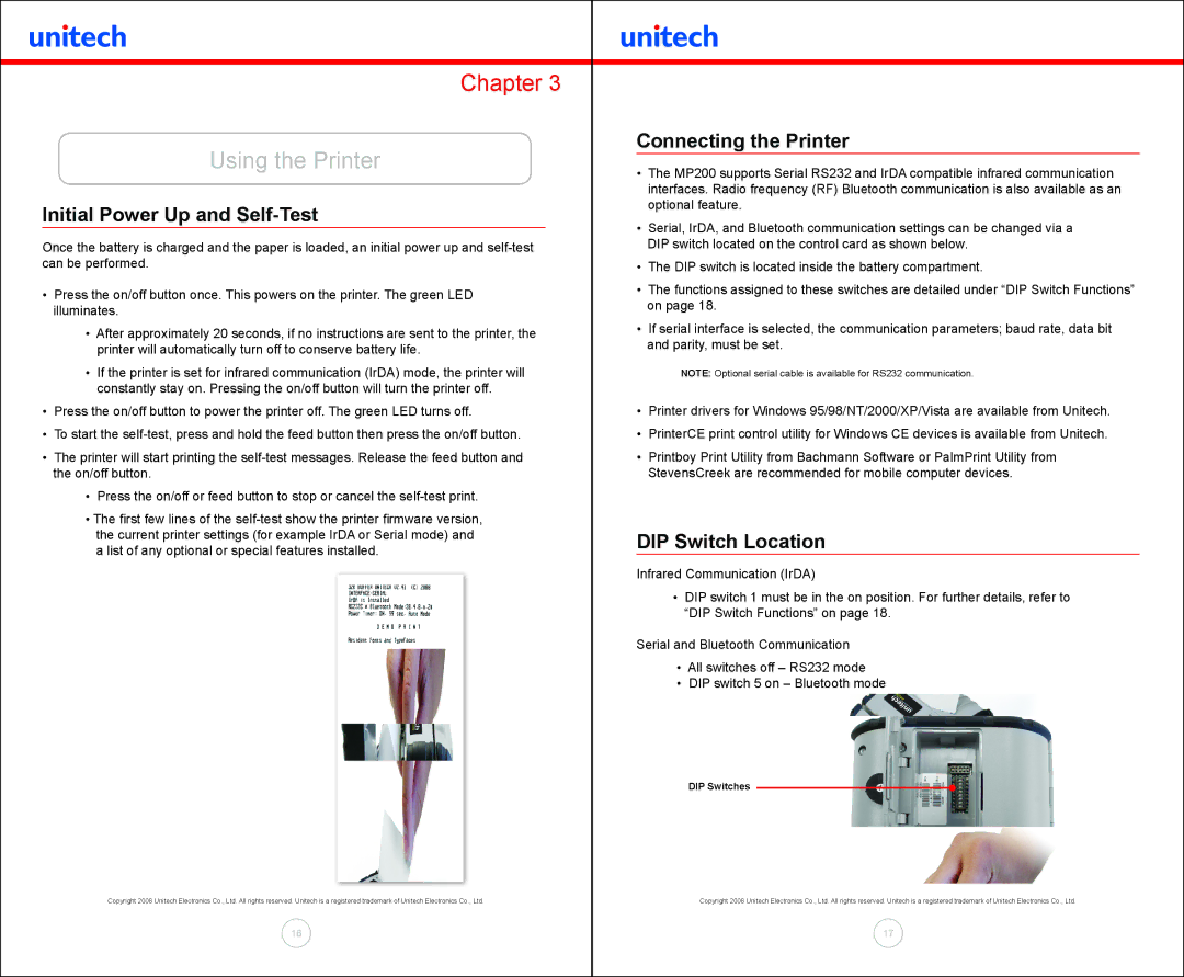 Unitech MP200 manual Using the Printer, Initial Power Up and Self-Test, Connecting the Printer, DIP Switch Location 