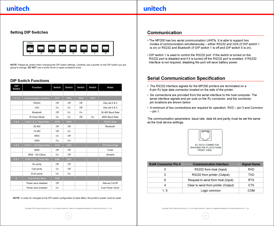 Unitech MP200 manual Serial Communication Specification, Setting DIP Switches, DIP Switch Functions 