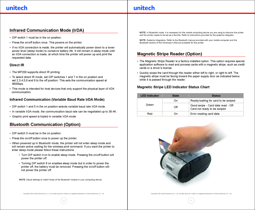 Unitech MP200 Infrared Communication Mode IrDA, Bluetooth Communication Option, Magnetic Stripe Reader Option, Direct IR 