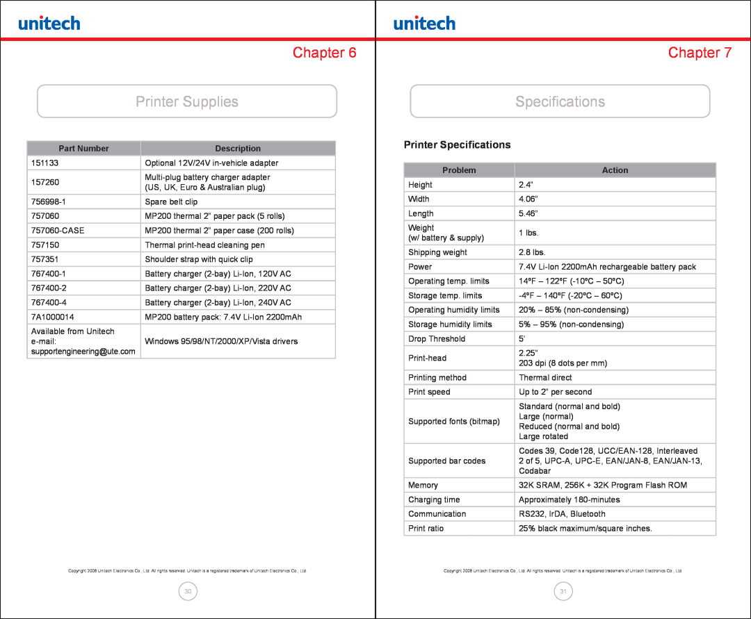Unitech MP200 manual Printer Supplies, Printer Specifications, Chapter 