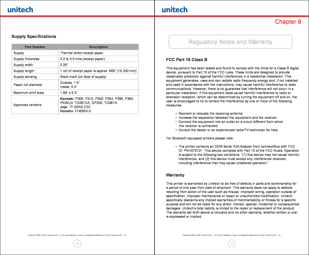Unitech MP200 manual Regulatory Notes and Warranty, Supply Specifications, FCC Part 15 Class B, Chapter 