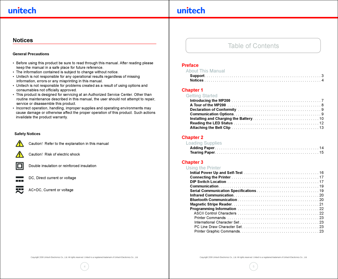 Unitech MP200 manual Table of Contents, Notices, Preface, About This Manual, Chapter, Getting Started, Loading Supplies 