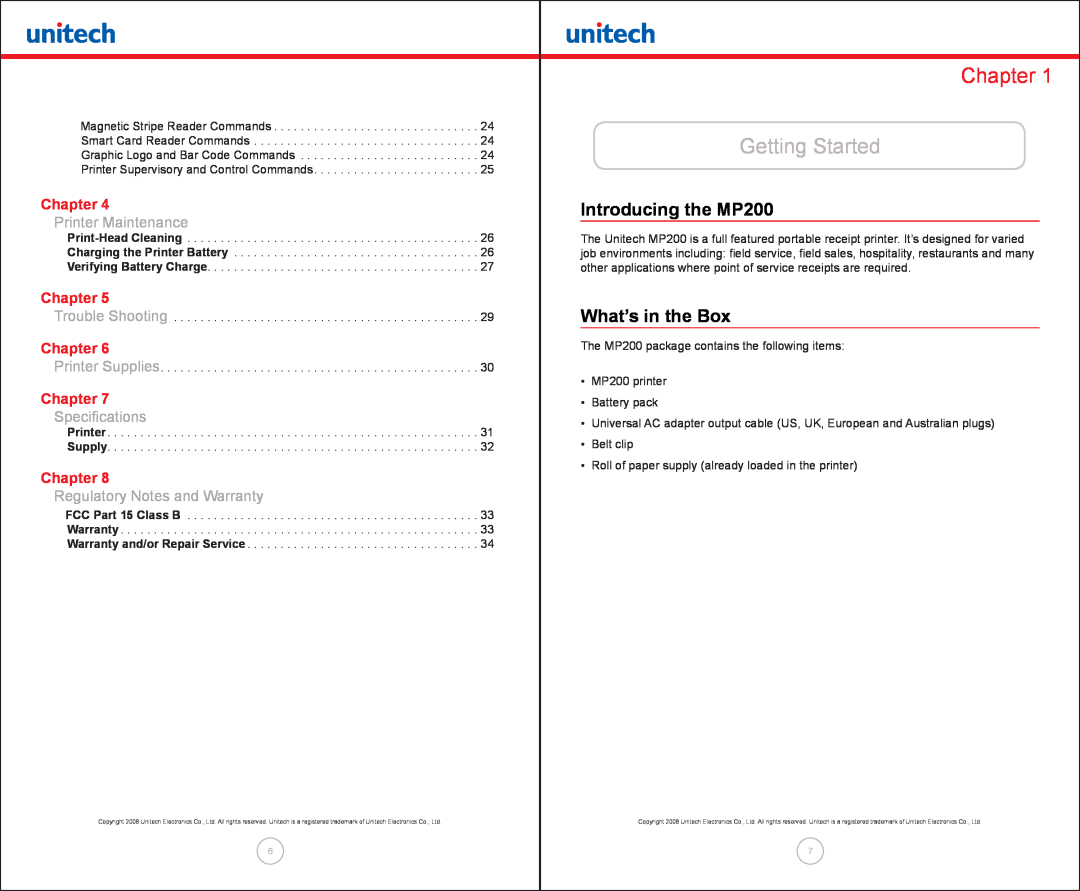 Unitech manual Chapter, Getting Started, Introducing the MP200, What’s in the Box, Printer Maintenance, Specifications 