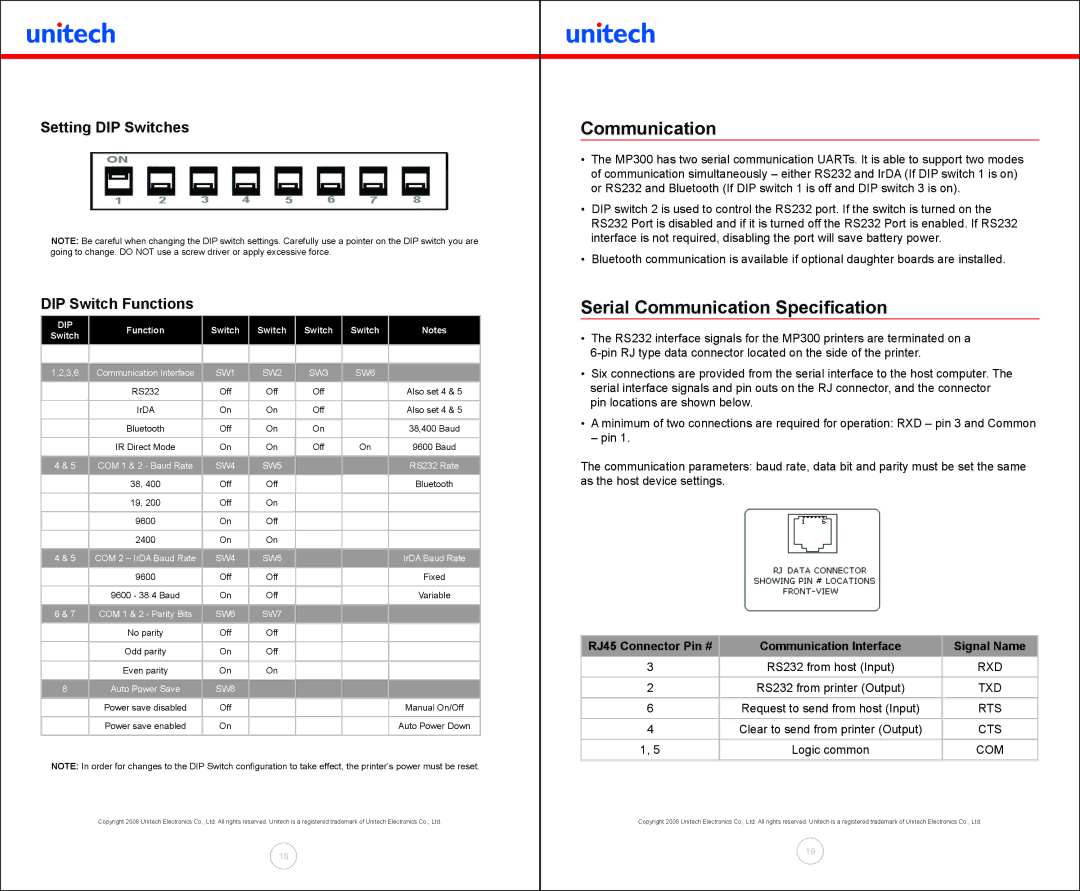 Unitech MP300 Serial Communication Specification, Setting DIP Switches DIP Switch Functions, RJ45 Connector Pin # 