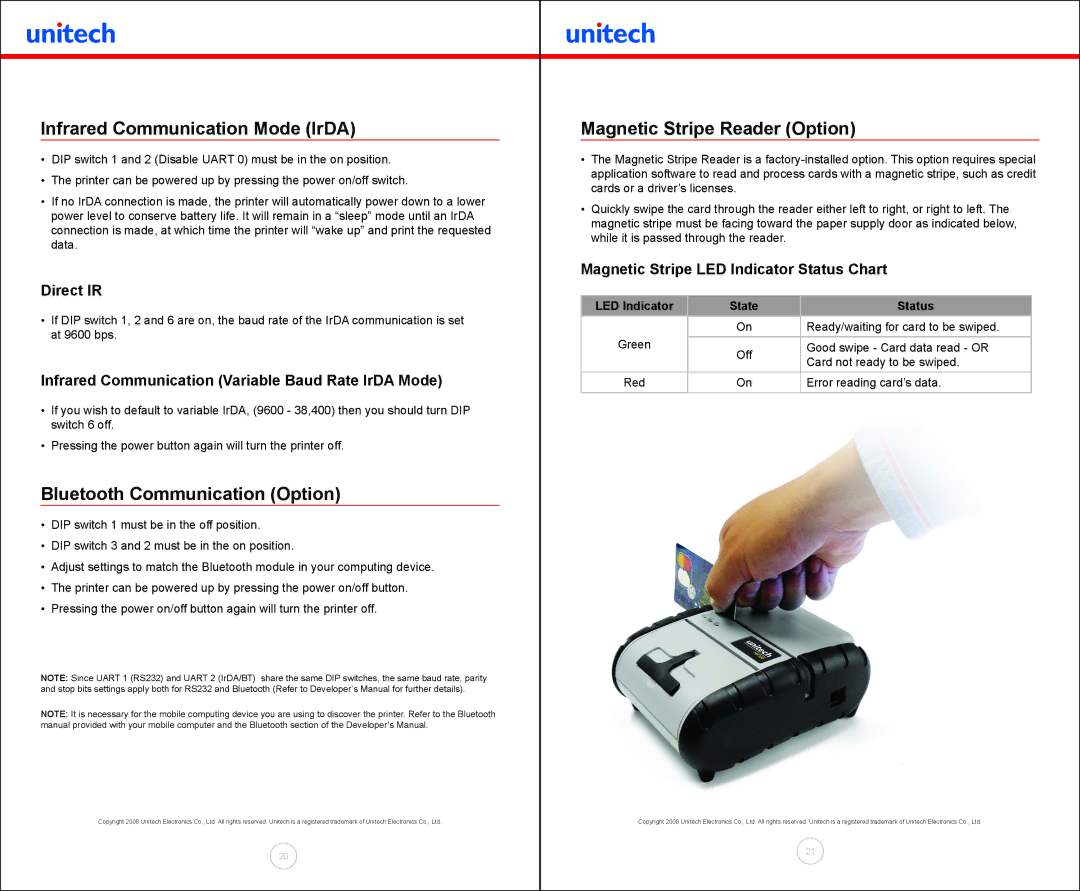 Unitech MP300 manual Infrared Communication Mode IrDA, Bluetooth Communication Option, Magnetic Stripe Reader Option 