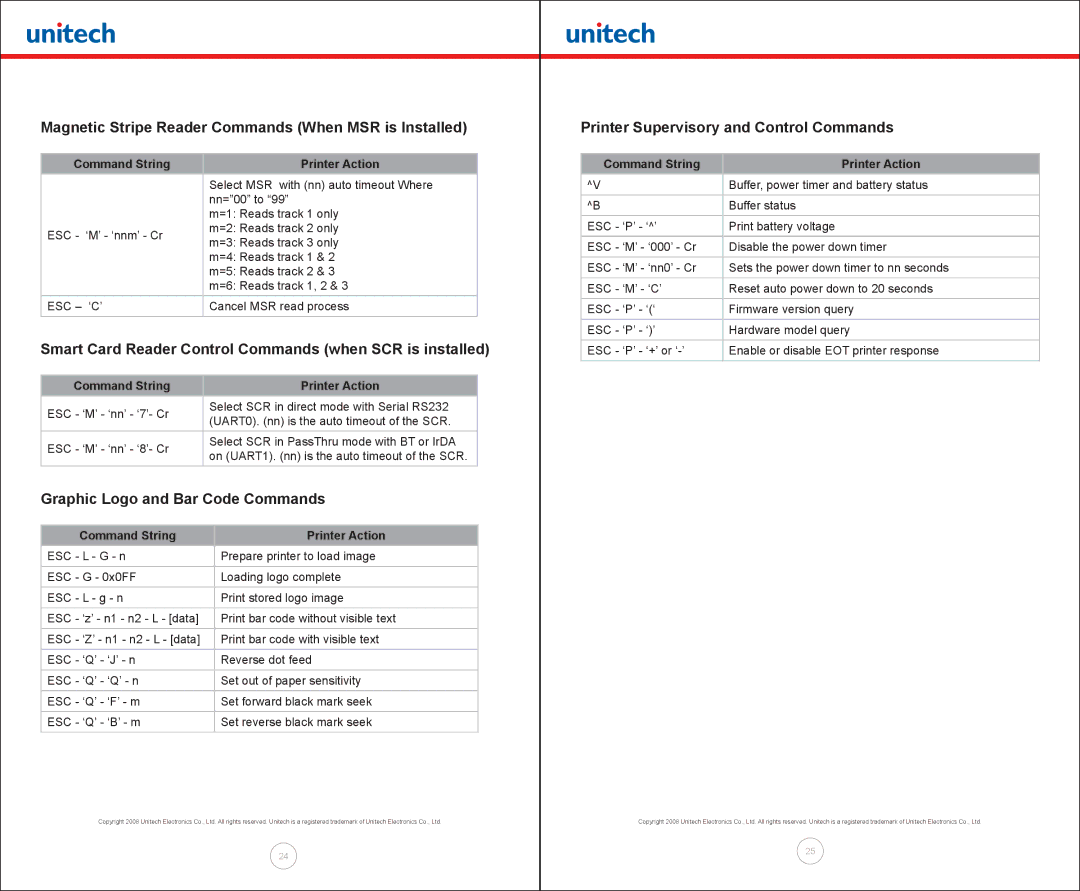 Unitech MP300 manual Magnetic Stripe Reader Commands When MSR is Installed, Graphic Logo and Bar Code Commands 