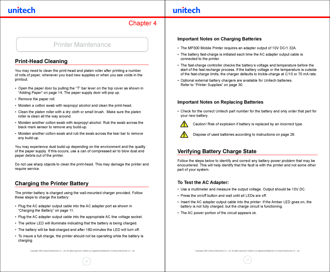 Unitech MP300 manual Printer Maintenance, Print-Head Cleaning, Charging the Printer Battery, Verifying Battery Charge State 