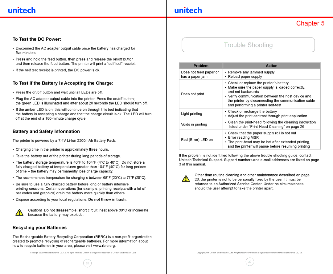 Unitech MP300 manual Trouble Shooting, To Test the DC Power, To Test if the Battery is Accepting the Charge 