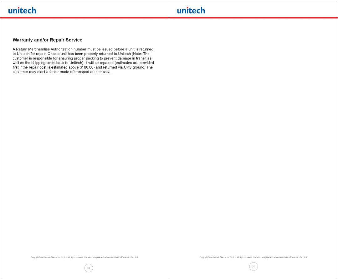 Unitech MP300 manual Warranty and/or Repair Service 