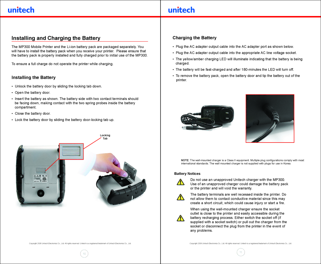 Unitech MP300 manual Installing and Charging the Battery, Installing the Battery, Battery Notices 