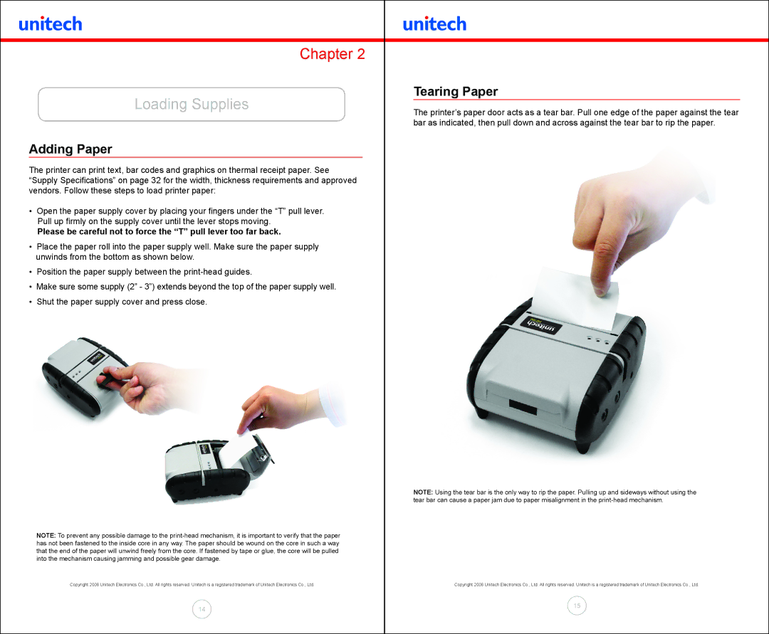 Unitech MP300 manual Loading Supplies, Adding Paper, Tearing Paper 