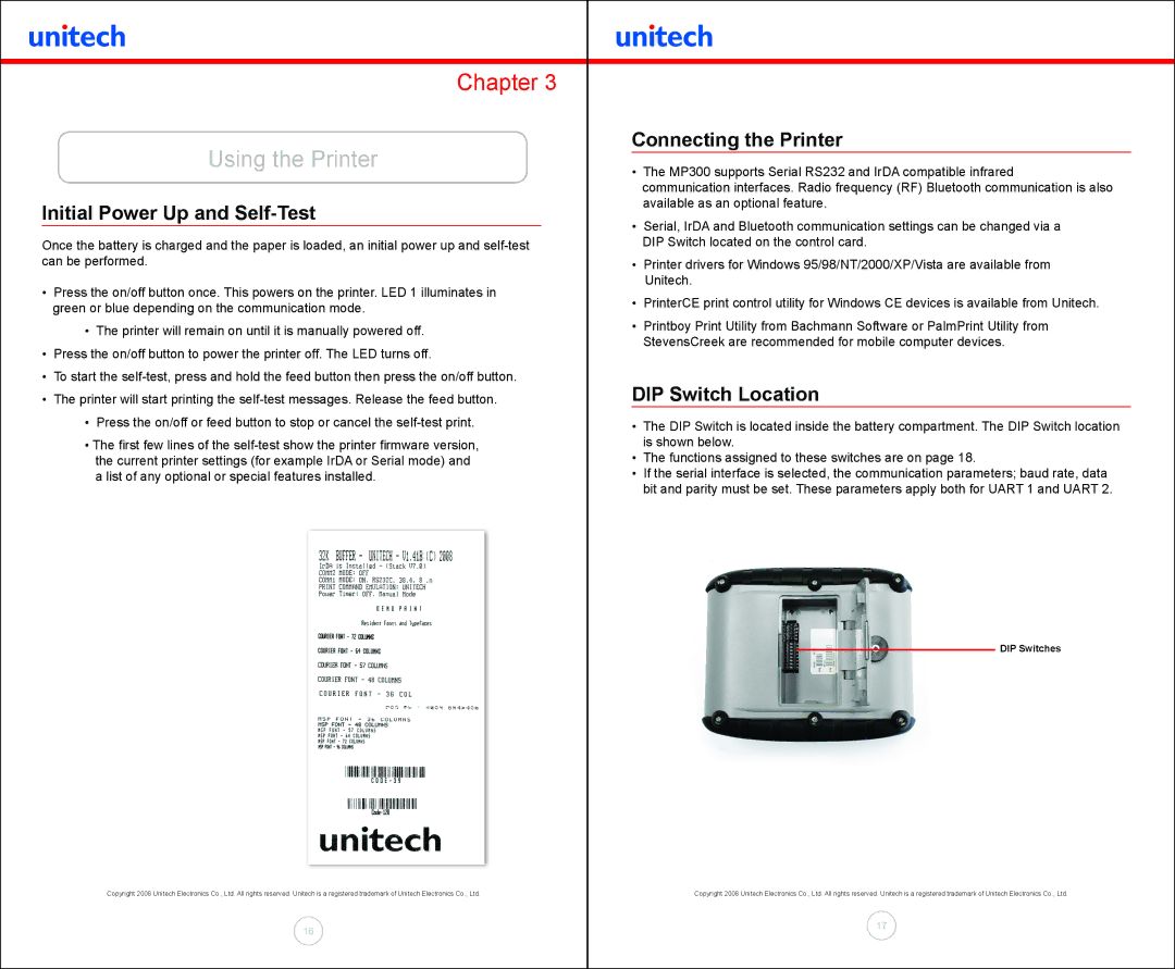 Unitech MP300 manual Using the Printer, Initial Power Up and Self-Test, Connecting the Printer, DIP Switch Location 