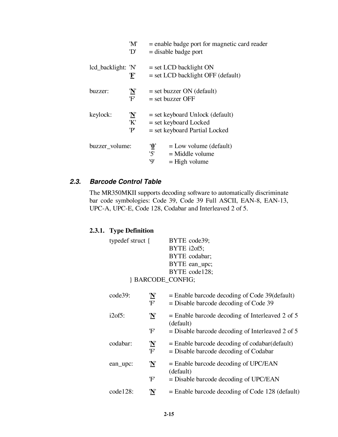 Unitech MR350MKII manual Barcode Control Table, Type Definition, Barcodeconfig 