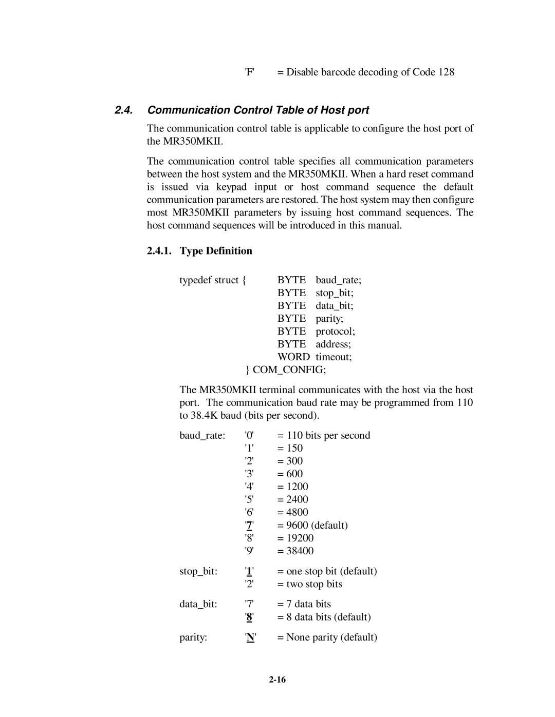 Unitech MR350MKII manual Communication Control Table of Host port, Byte, Word, Comconfig 