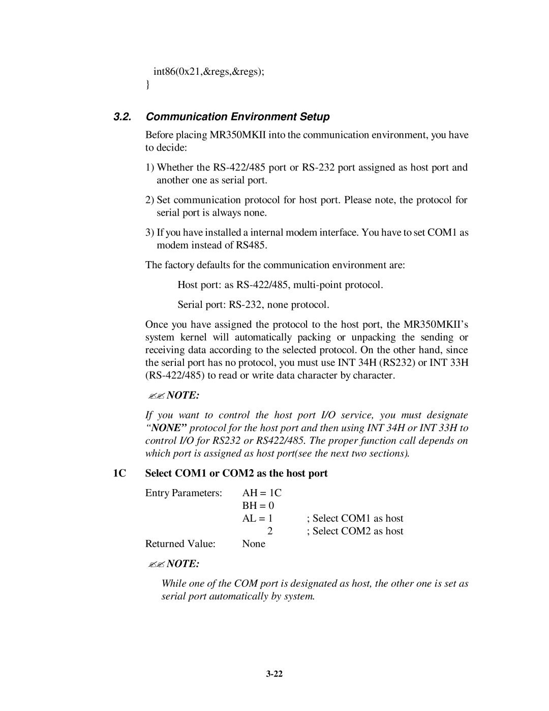 Unitech MR350MKII manual Communication Environment Setup, 1C Select COM1 or COM2 as the host port 